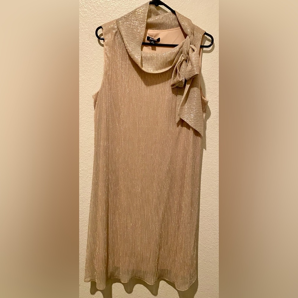 SLNY Shimmery Champagne Sleeveless Party Dress with Bow Detail